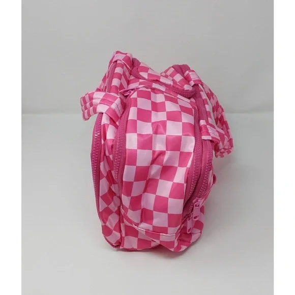 Pink Checkered Makeup Bag Travel Organizer Cosmetic Case Multi-Compartment - Picture 4 of 8